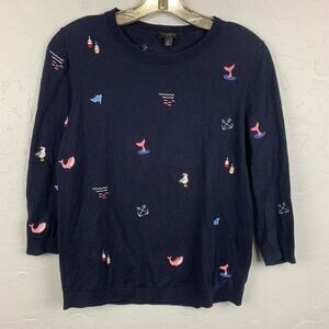 Talbots Sweater Navy Blue Nautical Whale Seagull Embroidered Cotton Blend Sz MP